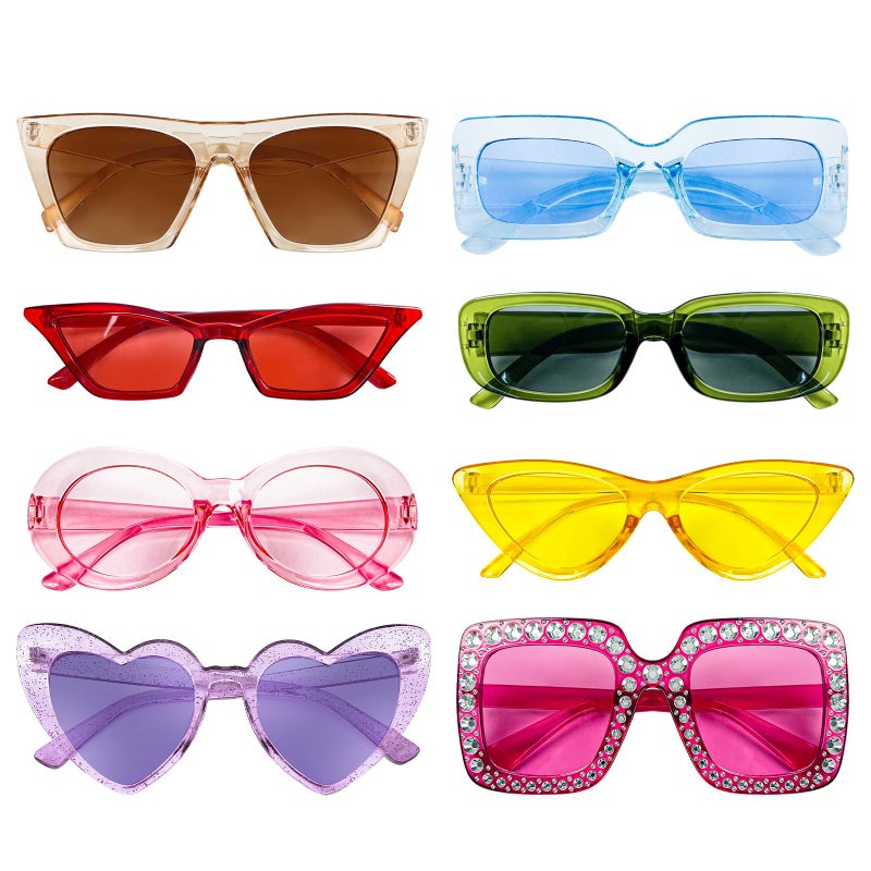 Sunovelties 8 Mixed Multicolor Style Party Sunglasses Retro Colored Party Favors Bulk Classic Costume Glasses for Women - Image 1